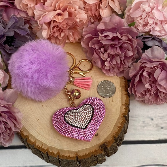 Heart with Pink Rhinestones & Pom Pom on Keychain - Picture 12 of 13